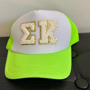 Neon Green and White Trucker Hat with Gold Accents